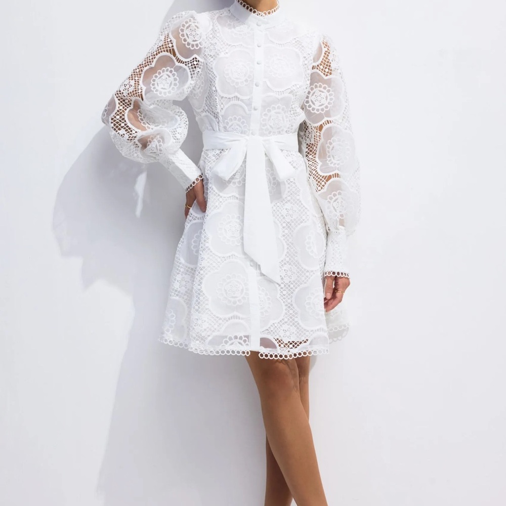 sunfere White Lace Long Sleeve Dress